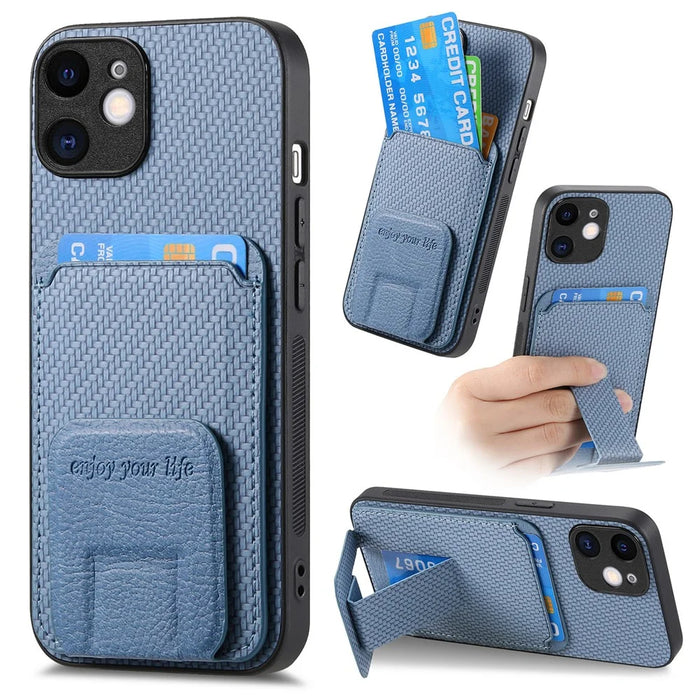 C1-11 for iPhone 11 Case Kickstand Carbon Fiber Texture Smart Phone Cover - Blue - 1