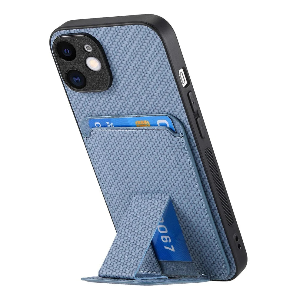 C1-11 for iPhone 11 Case Kickstand Carbon Fiber Texture Smart Phone Cover - Blue - 2