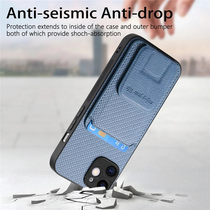 C1-11 for iPhone 11 Case Kickstand Carbon Fiber Texture Smart Phone Cover - Blue - 5