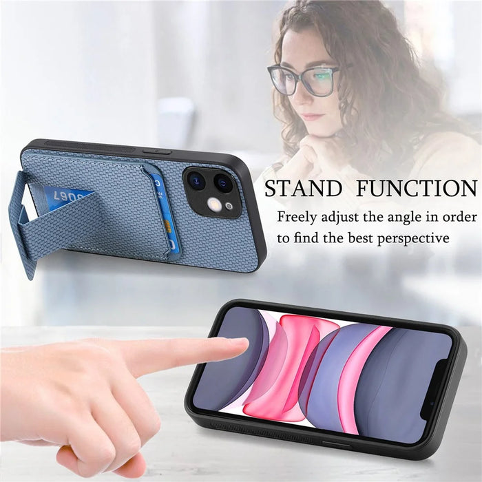 C1-11 for iPhone 11 Case Kickstand Carbon Fiber Texture Smart Phone Cover - Blue - 7
