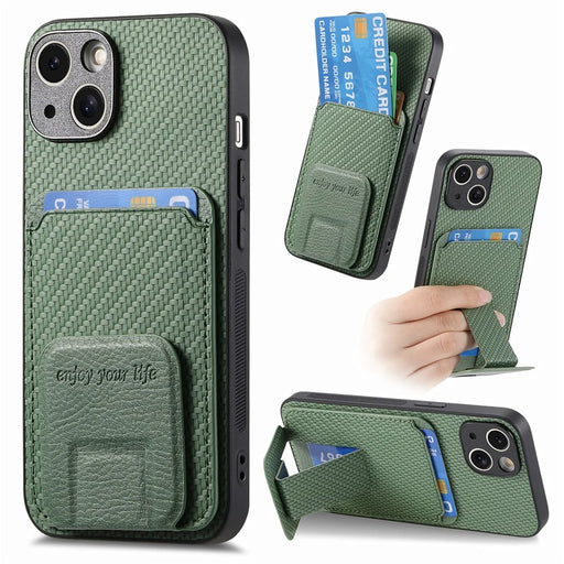 C1-11 for iPhone 13 6.1 inch Case Leather Coated TPU Phone Protector with Kickstand and Card Slot - Green - 1