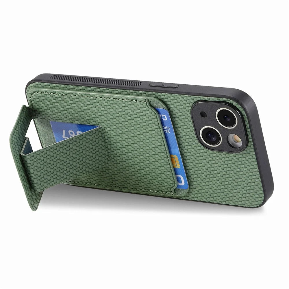 C1-11 for iPhone 13 6.1 inch Case Leather Coated TPU Phone Protector with Kickstand and Card Slot - Green - 3