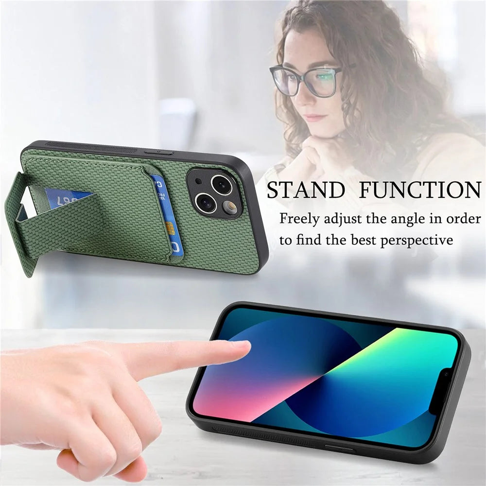 C1-11 for iPhone 13 6.1 inch Case Leather Coated TPU Phone Protector with Kickstand and Card Slot - Green - 7