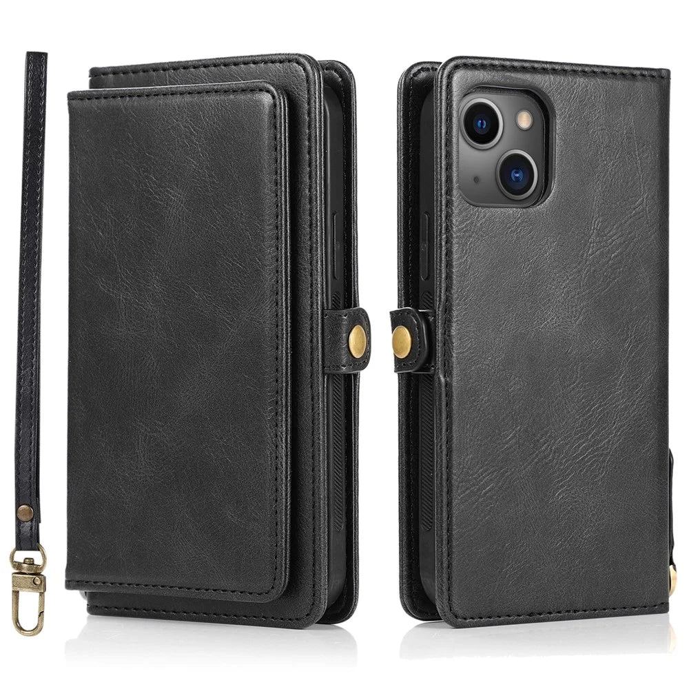 For iPhone 15 Case Detachable 2-in-1 Wallet TPU+PU Phone Cover with Strap - Black - 1