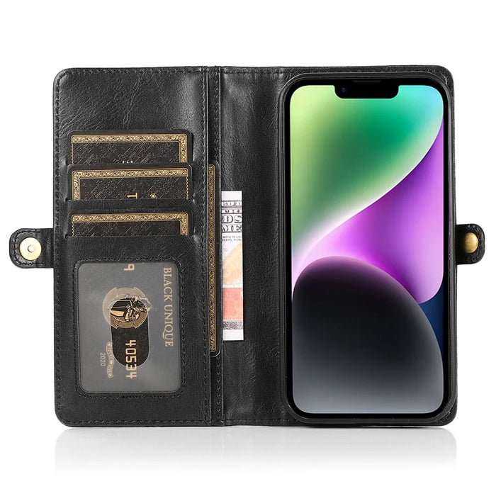 For iPhone 15 Case Detachable 2-in-1 Wallet TPU+PU Phone Cover with Strap - Black - 2