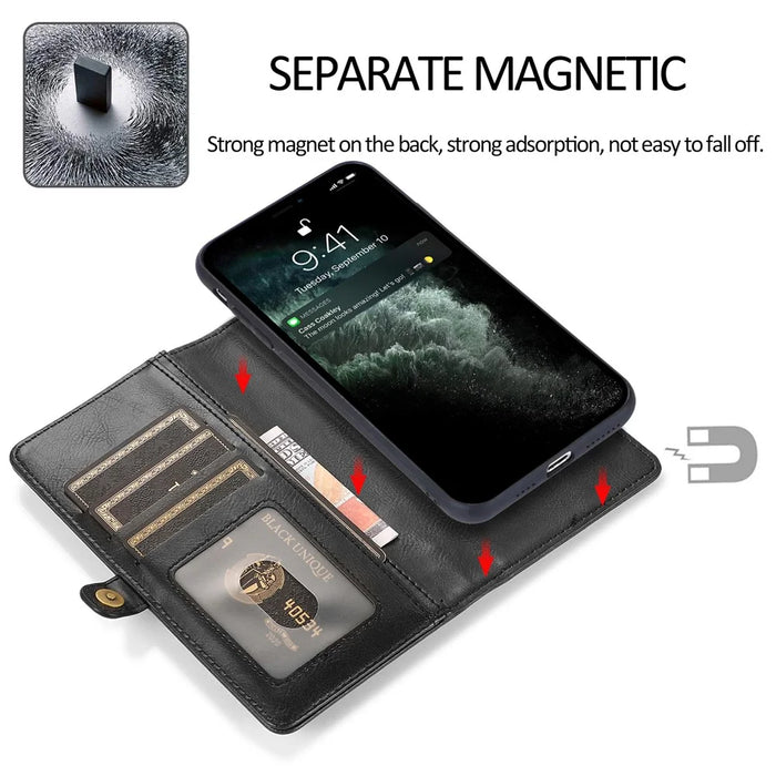 For iPhone 15 Case Detachable 2-in-1 Wallet TPU+PU Phone Cover with Strap - Black - 5