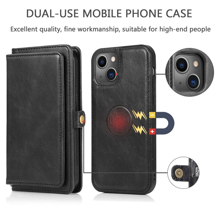 For iPhone 15 Case Detachable 2-in-1 Wallet TPU+PU Phone Cover with Strap - Black - 7