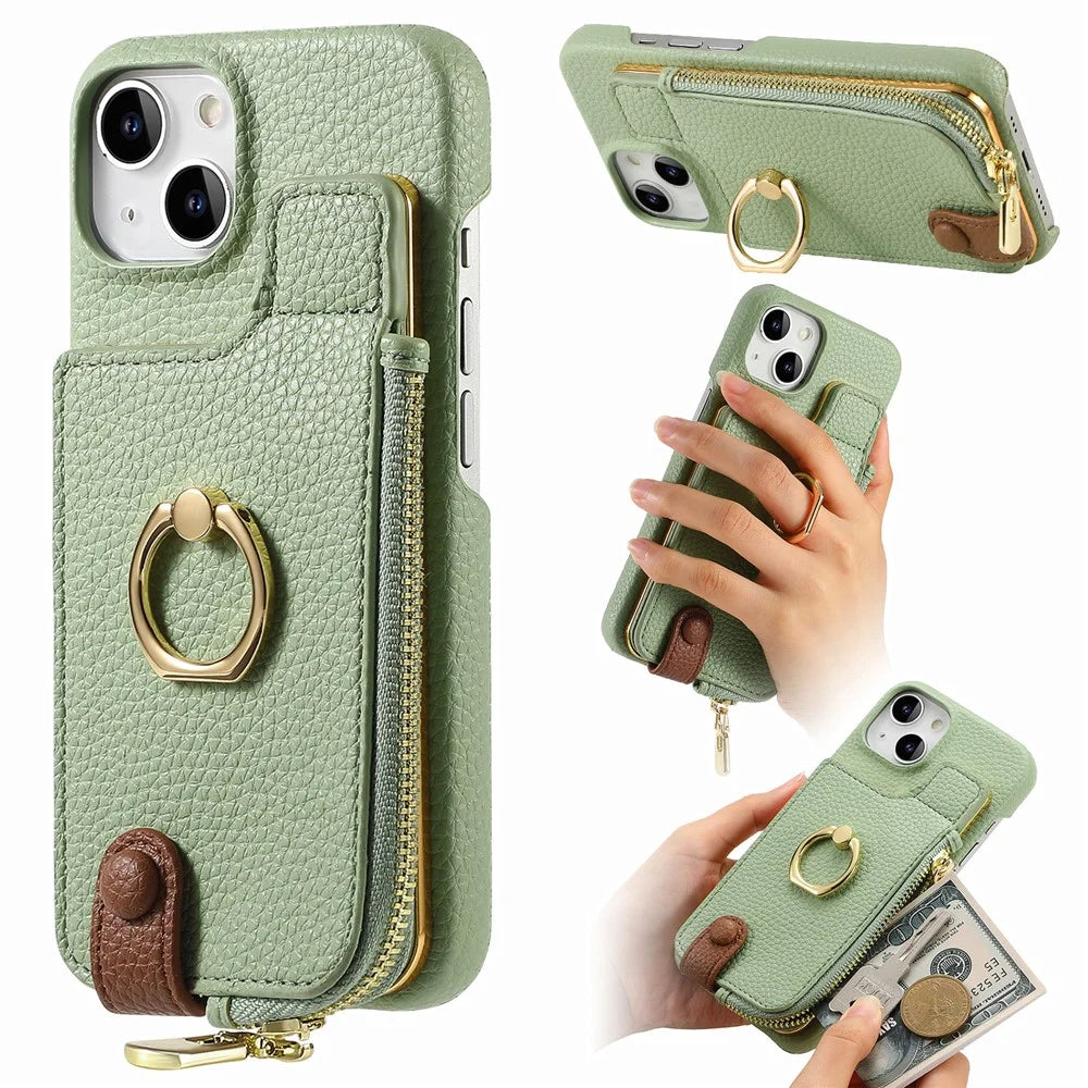 Y3 for iPhone 13 Wallet Case Ring Kickstand Zipper Purse Phone Cover - Mint Green - 1