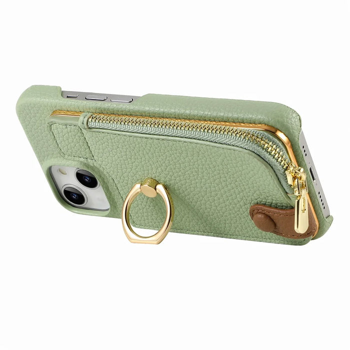 Y3 for iPhone 13 Wallet Case Ring Kickstand Zipper Purse Phone Cover - Mint Green - 2