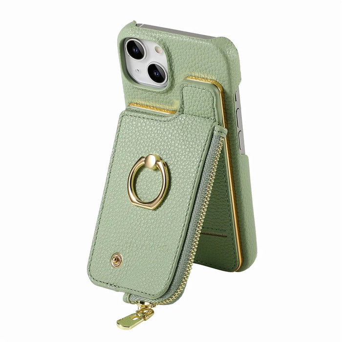 Y3 for iPhone 13 Wallet Case Ring Kickstand Zipper Purse Phone Cover - Mint Green - 3