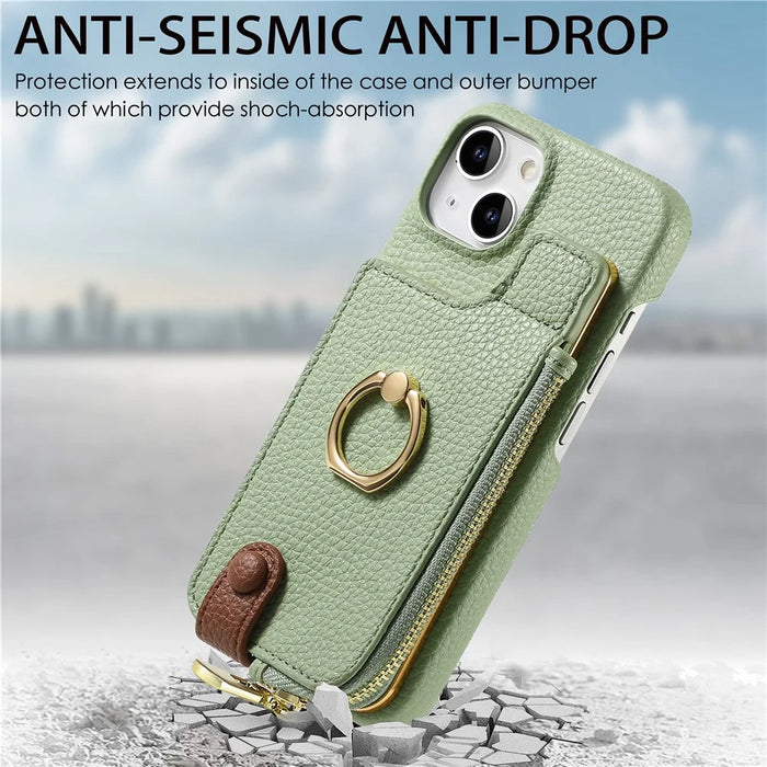 Y3 for iPhone 13 Wallet Case Ring Kickstand Zipper Purse Phone Cover - Mint Green - 4