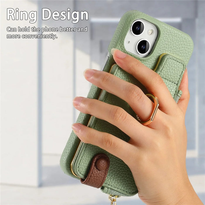Y3 for iPhone 13 Wallet Case Ring Kickstand Zipper Purse Phone Cover - Mint Green - 5