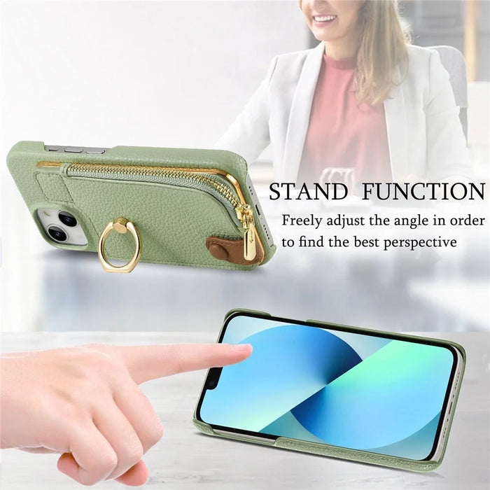 Y3 for iPhone 13 Wallet Case Ring Kickstand Zipper Purse Phone Cover - Mint Green - 7