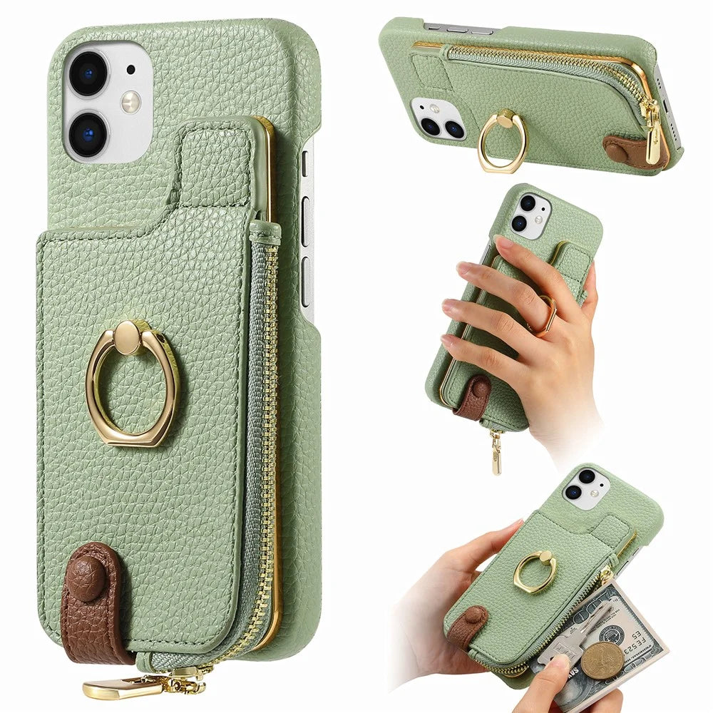 Y3 for iPhone 11 Phone Case Wallet Pouch with Card Slots Ring Holder - Mint Green - 1