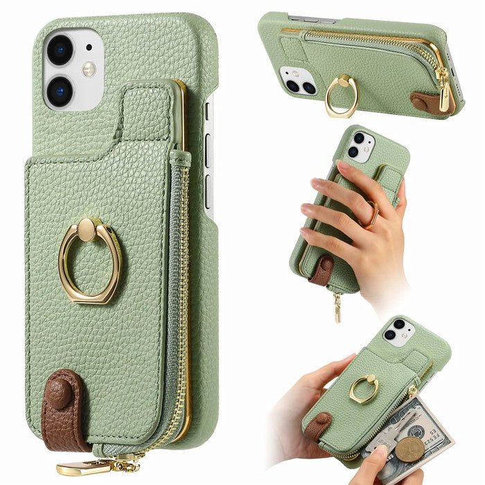 Y3 for iPhone 11 Phone Case Wallet Pouch with Card Slots Ring Holder - Mint Green - 1