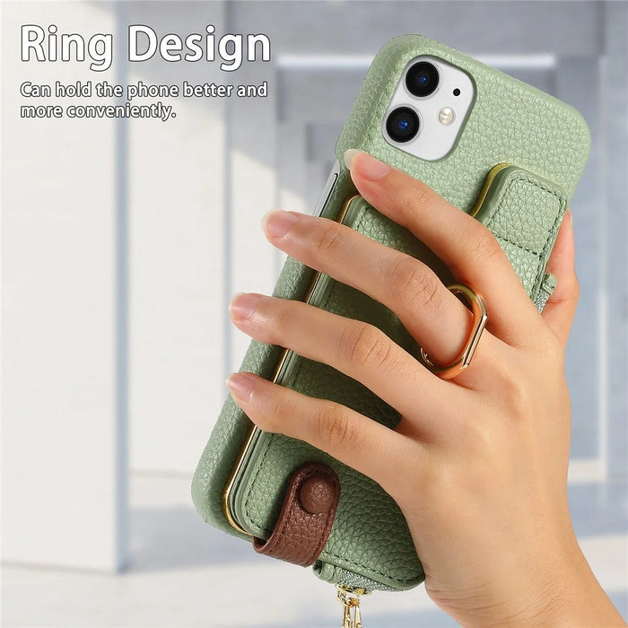Y3 for iPhone 11 Phone Case Wallet Pouch with Card Slots Ring Holder - Mint Green - 5