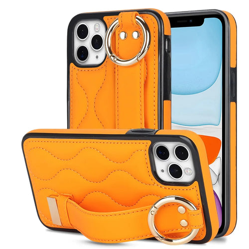 For iPhone 11 Pro Max Case Wave Pattern Wristband Kickstand PU+TPU Phone Cover - Orange - 1