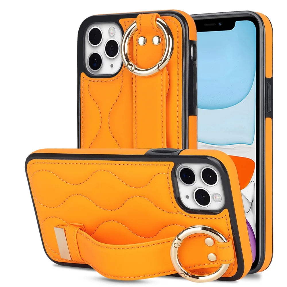 For iPhone 11 Pro Max Case Wave Pattern Wristband Kickstand PU+TPU Phone Cover - Orange - 1