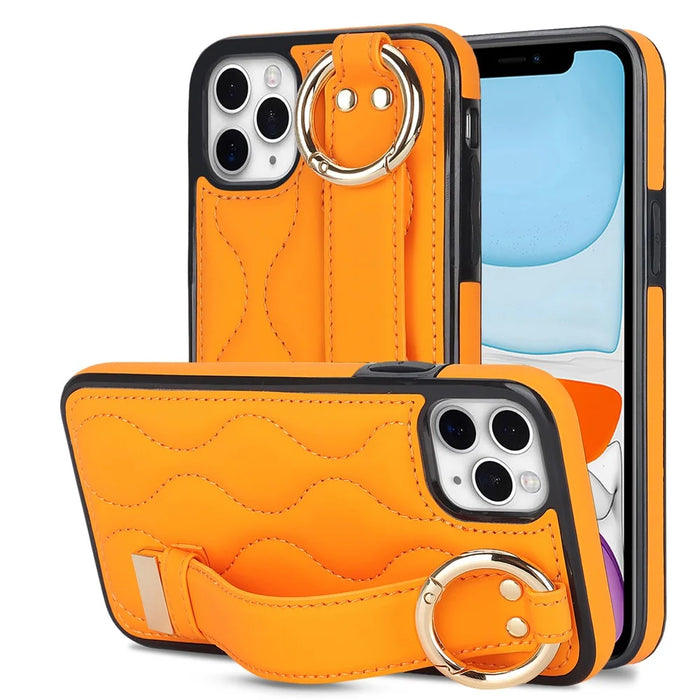 For iPhone 11 Pro Max Case Wave Pattern Wristband Kickstand PU+TPU Phone Cover - Orange - 1