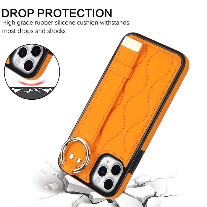 For iPhone 11 Pro Max Case Wave Pattern Wristband Kickstand PU+TPU Phone Cover - Orange - 5