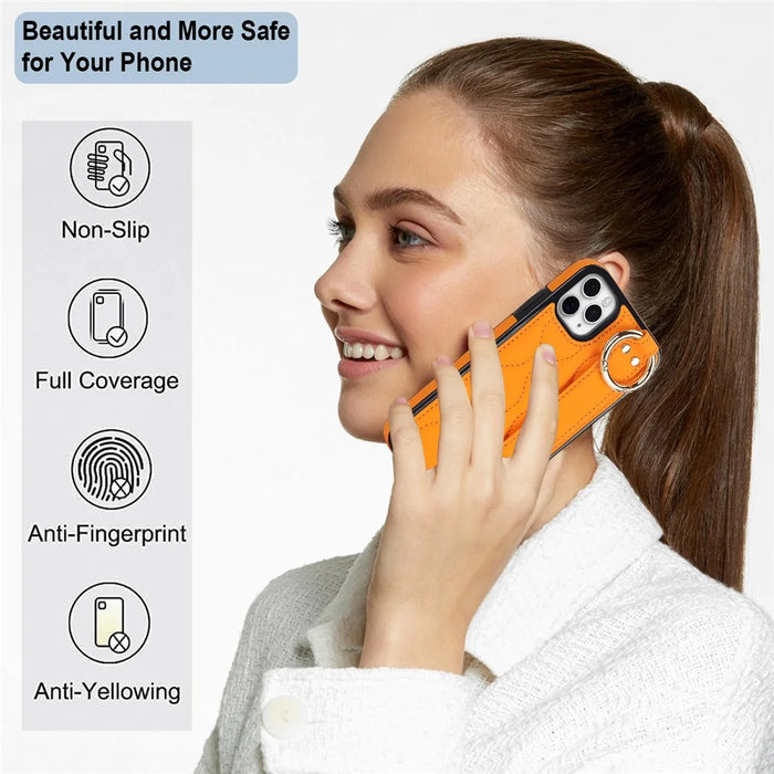 For iPhone 11 Pro Max Case Wave Pattern Wristband Kickstand PU+TPU Phone Cover - Orange - 6
