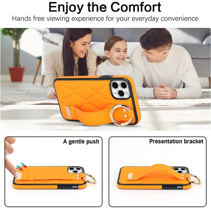 For iPhone 11 Pro Max Case Wave Pattern Wristband Kickstand PU+TPU Phone Cover - Orange - 7