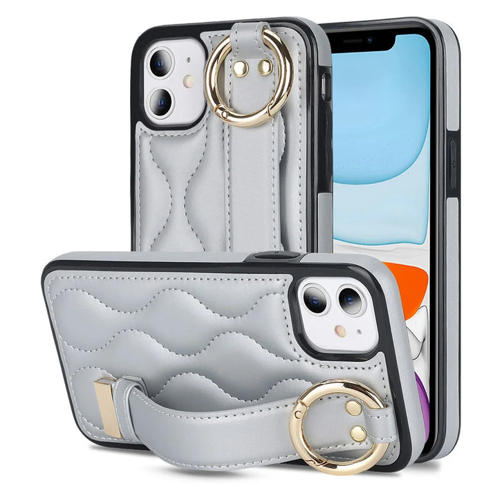 For iPhone 11 Case Wristband Kickstand Wave Pattern Anti-drop PU+TPU Phone Cover - Silver - 1