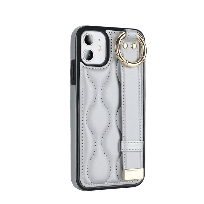 For iPhone 11 Case Wristband Kickstand Wave Pattern Anti-drop PU+TPU Phone Cover - Silver - 3