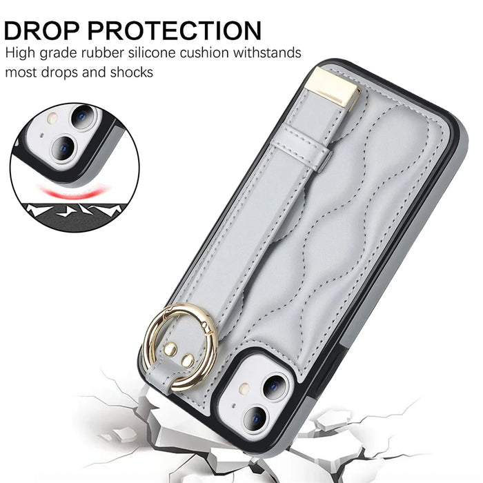 For iPhone 11 Case Wristband Kickstand Wave Pattern Anti-drop PU+TPU Phone Cover - Silver - 5