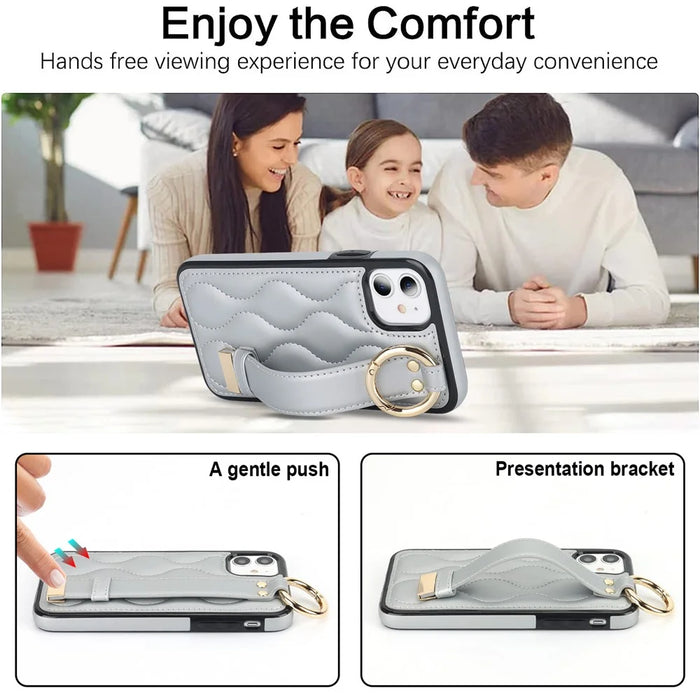 For iPhone 11 Case Wristband Kickstand Wave Pattern Anti-drop PU+TPU Phone Cover - Silver - 7