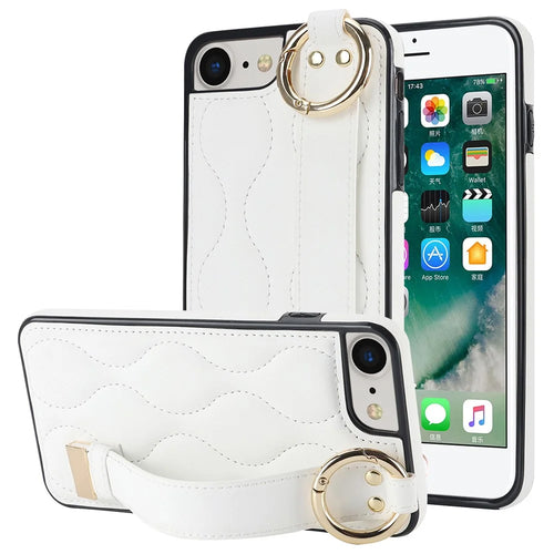 For iPhone 7 / 8 / SE (2020) / SE (2022) Cell Phone Case with Wristband Wave Pattern PU+TPU Cover - White - 1