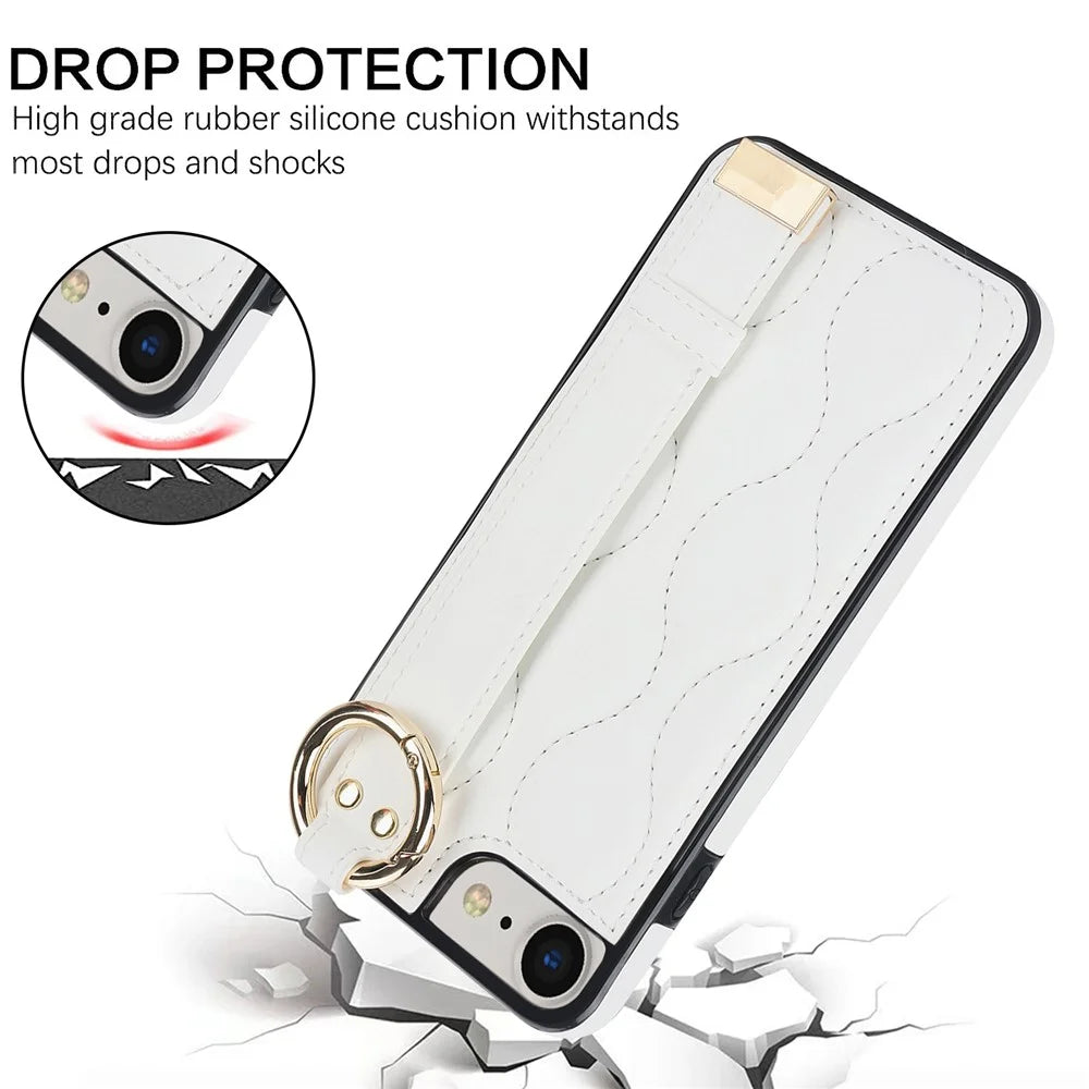 For iPhone 7 / 8 / SE (2020) / SE (2022) Cell Phone Case with Wristband Wave Pattern PU+TPU Cover - White - 5