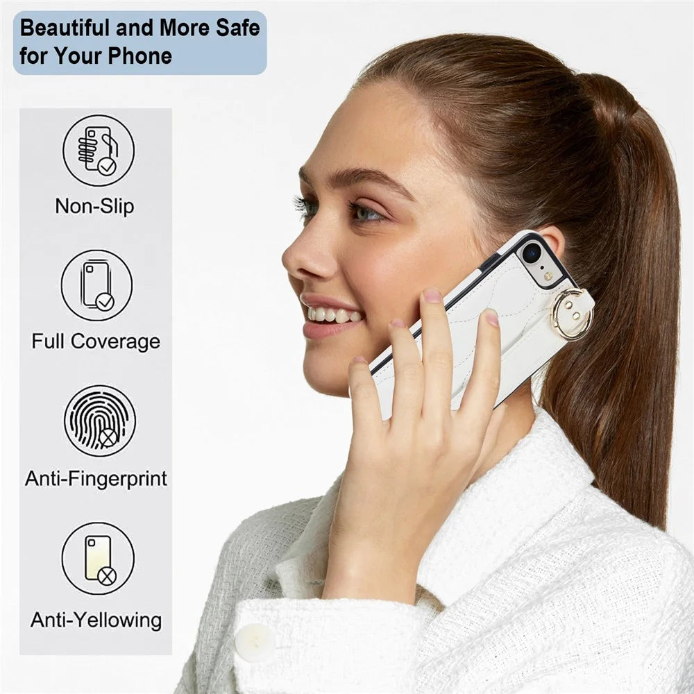 For iPhone 7 / 8 / SE (2020) / SE (2022) Cell Phone Case with Wristband Wave Pattern PU+TPU Cover - White - 6