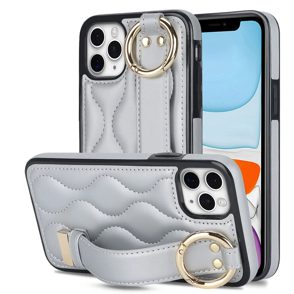 For iPhone 11 Pro Wave Pattern Cell Phone Case PU+TPU Wristband Cover - Silver - 1