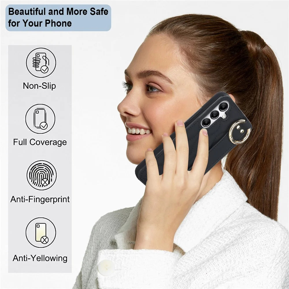 For Samsung Galaxy S24+ Cell Phone Case PU Leather+TPU Cover with Wristband - Black - 6