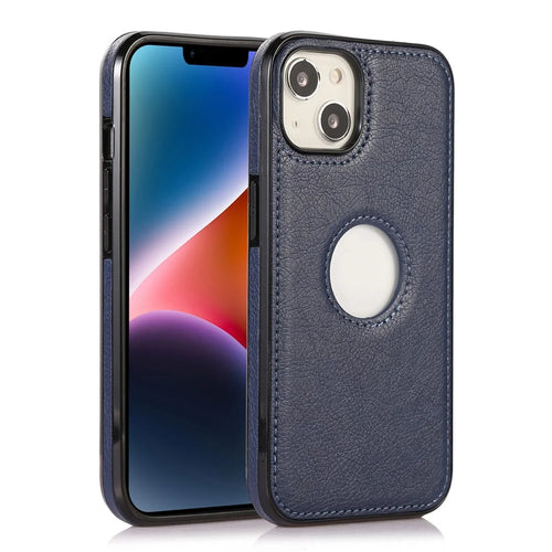 For iPhone 14 Cell Phone Case TPU+PU Leather Anti-scratch Cover with Logo View Hole - Blue - 1