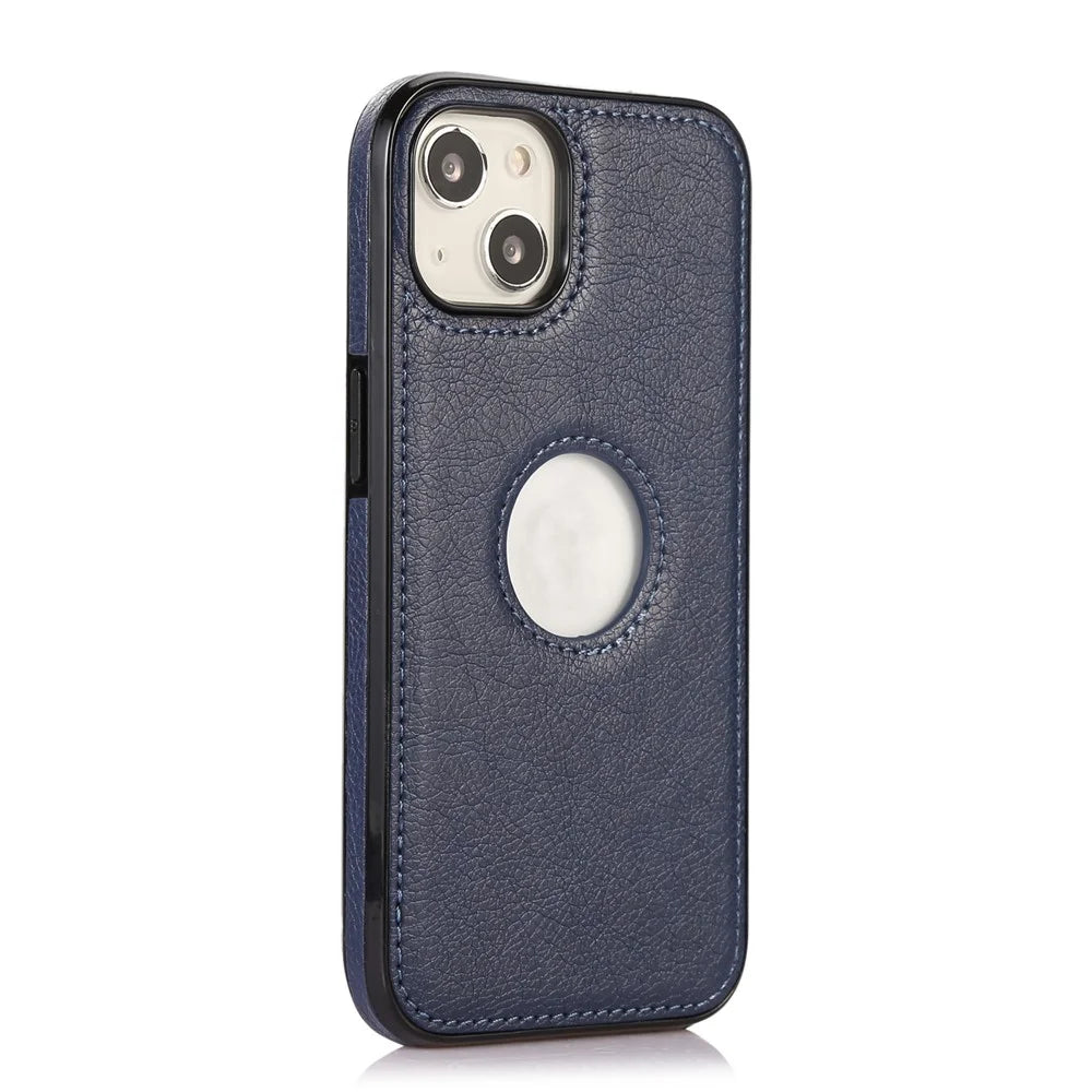 For iPhone 14 Cell Phone Case TPU+PU Leather Anti-scratch Cover with Logo View Hole - Blue - 2