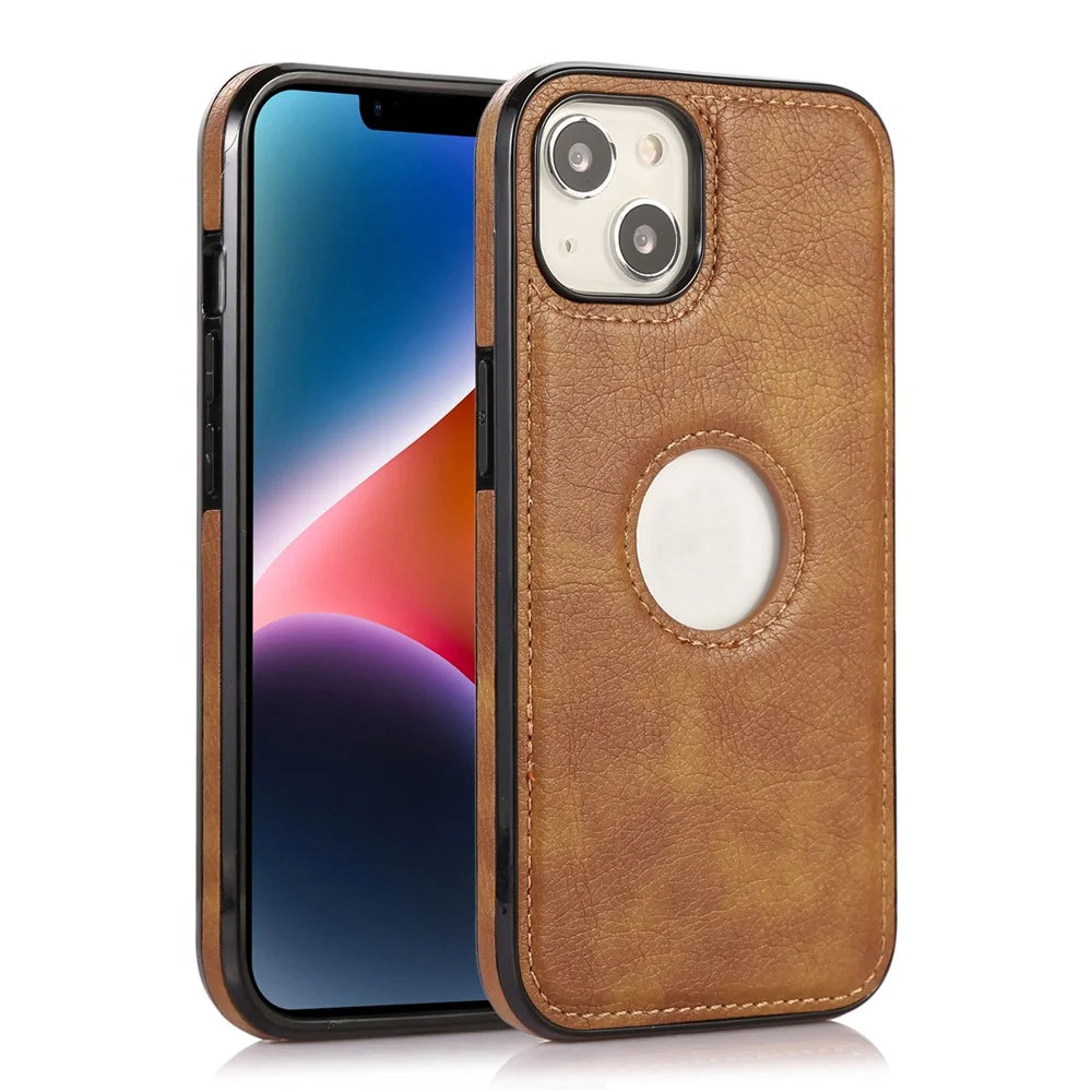 For iPhone 13 6.1 inch Cell Phone Case Logo View Design TPU+PU Leather Shockproof Back Cover - Brown - 1