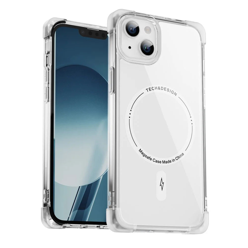YSM Reinforced Corners Series for iPhone 13 6.1 inch Case Compatible with MagSafe Clear Big Rear Lens Hole Cover - Transparent White - 1