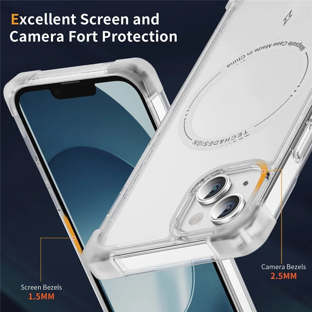 YSM Reinforced Corners Series for iPhone 13 6.1 inch Case Compatible with MagSafe Clear Big Rear Lens Hole Cover - Transparent White - 2