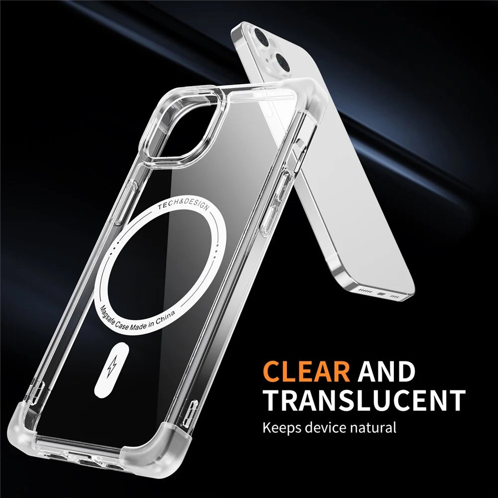 YSM Reinforced Corners Series for iPhone 13 6.1 inch Case Compatible with MagSafe Clear Big Rear Lens Hole Cover - Transparent White - 7