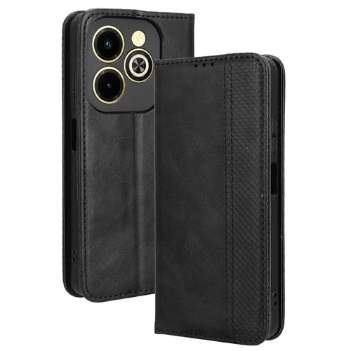 For Infinix Hot 40i X6528B Retro Leather Phone Case Phone Stand Wallet Cover - Black - 1