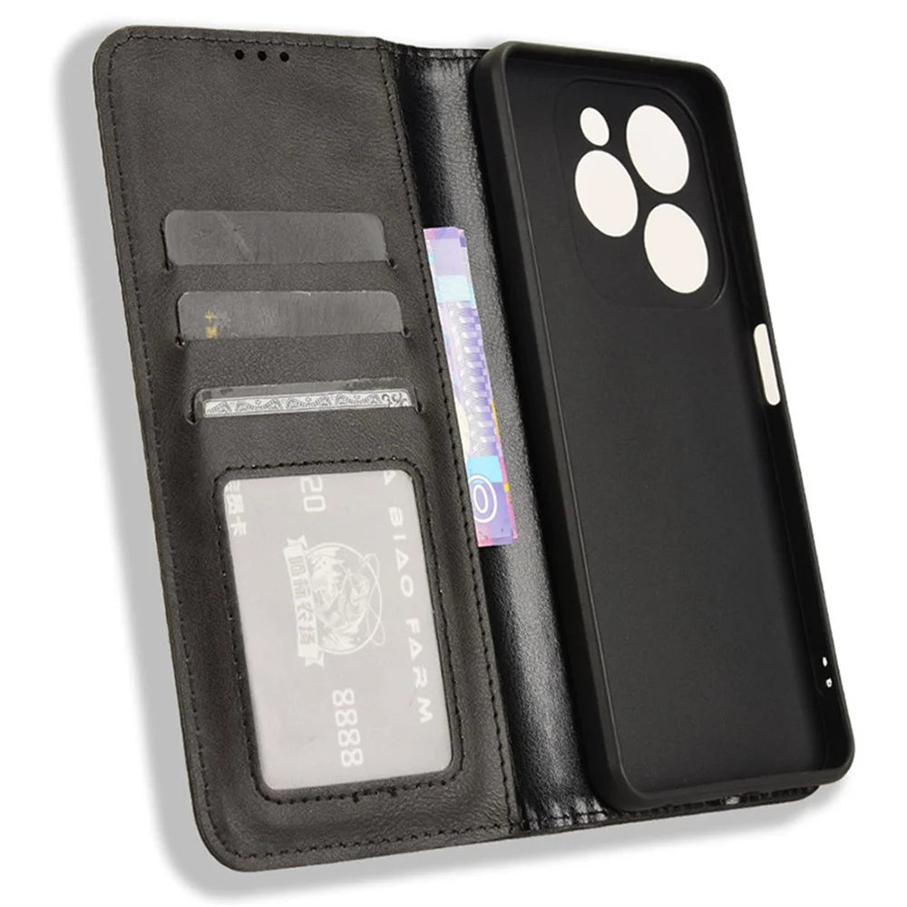 For Infinix Hot 40i X6528B Retro Leather Phone Case Phone Stand Wallet Cover - Black - 5