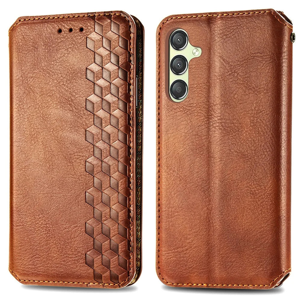 For Samsung Galaxy A25 5G (Global) (161.0 x 76.5 x 8.3mm) PU Leather Case Rhombus Imprint Wallet Stand Phone Cover - Brown - 1