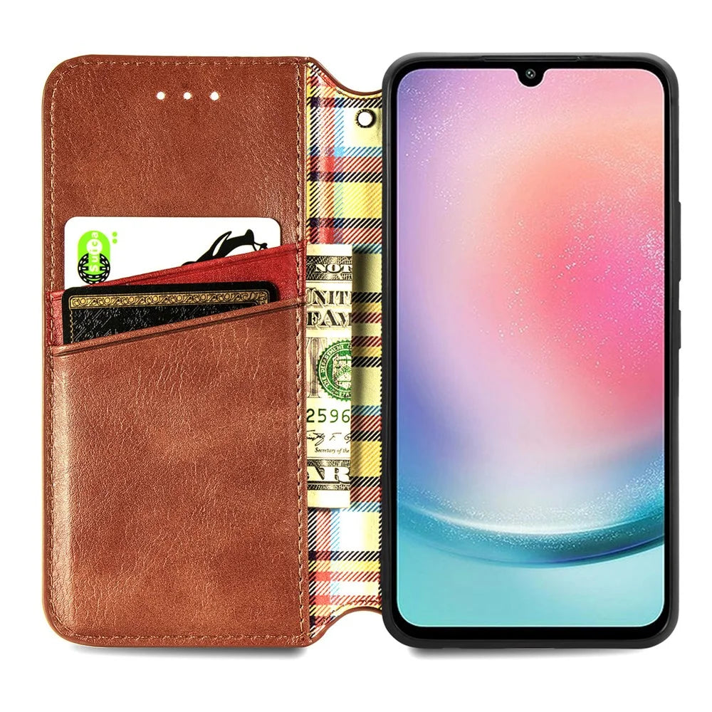 For Samsung Galaxy A25 5G (Global) (161.0 x 76.5 x 8.3mm) PU Leather Case Rhombus Imprint Wallet Stand Phone Cover - Brown - 2