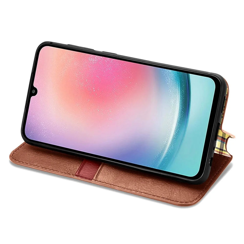 For Samsung Galaxy A25 5G (Global) (161.0 x 76.5 x 8.3mm) PU Leather Case Rhombus Imprint Wallet Stand Phone Cover - Brown - 3