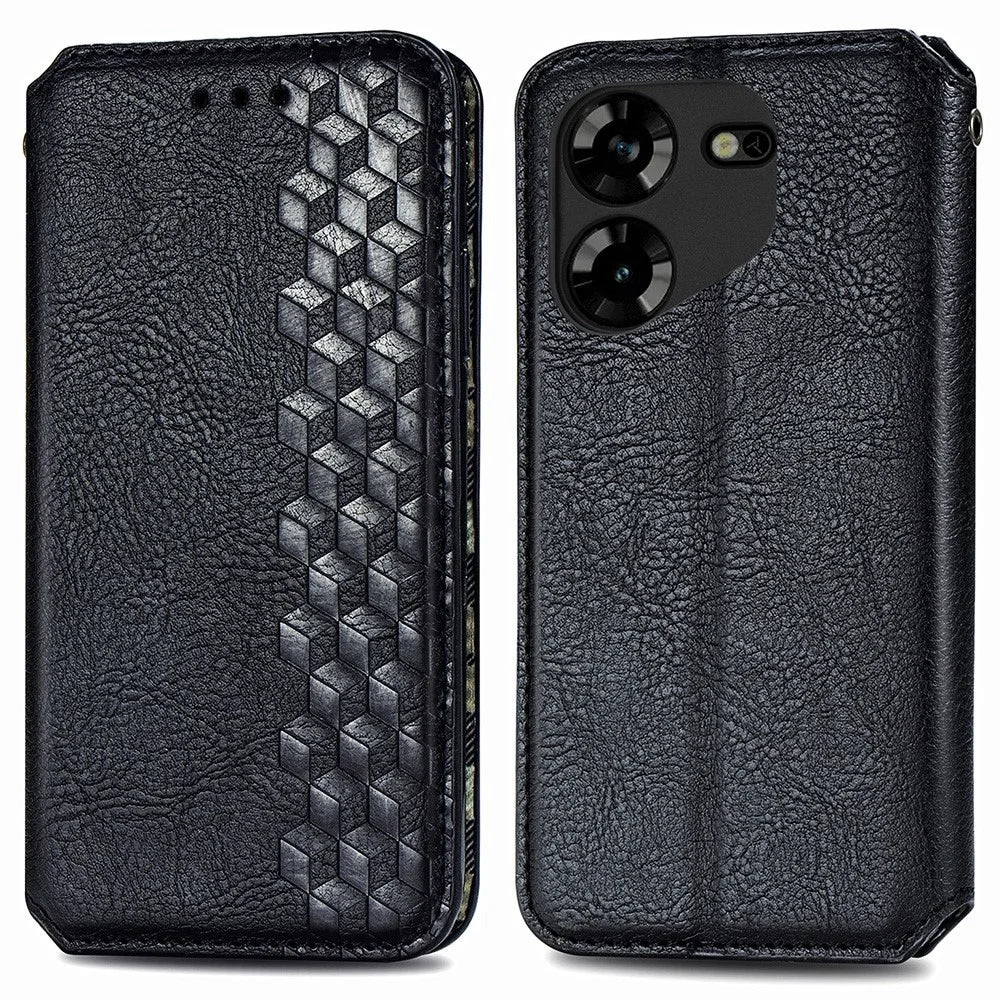 For TECNO Pova 5 4G PU Leather Case Rhombus Imprint Wallet Stand Phone Cover - Black - 1