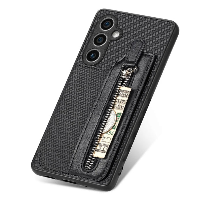For Samsung Galaxy S23 FE Phone Case Zipper Pocket Wallet Leather Back Cover - Black - 5