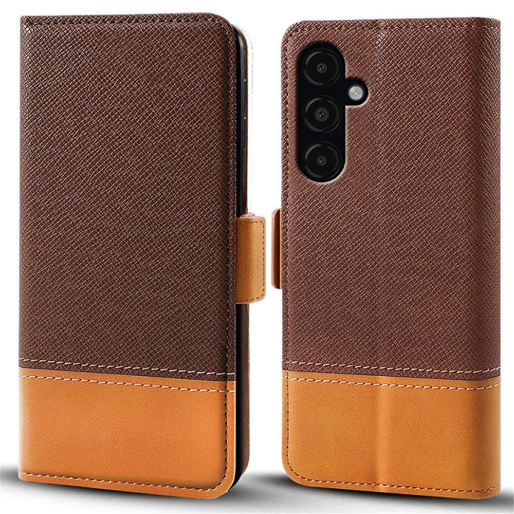 For Samsung Galaxy S24+ Cell Phone Stand Case PU Leather Cover Color Splicing Wallet - Brown - 1