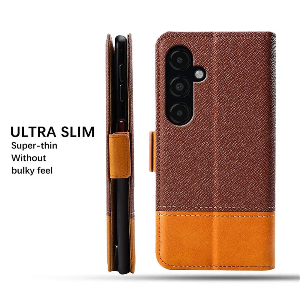 For Samsung Galaxy S24+ Cell Phone Stand Case PU Leather Cover Color Splicing Wallet - Brown - 6